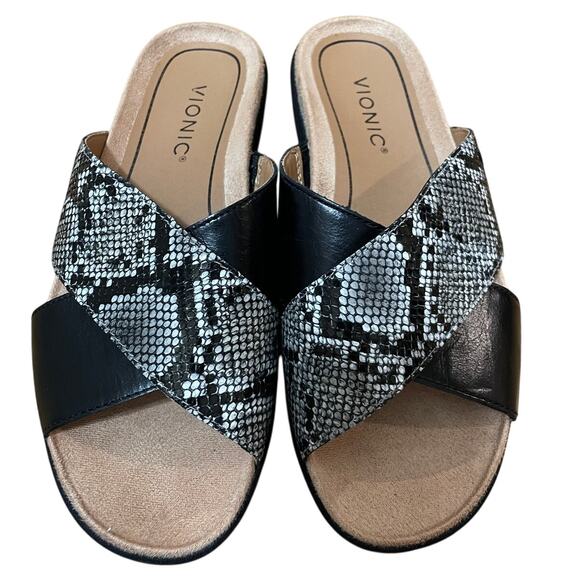 Vionic Women's 7 Wide Hayden Black Snake Skin Leather Criss Cross Slide Sandal - Picture 3 of 7